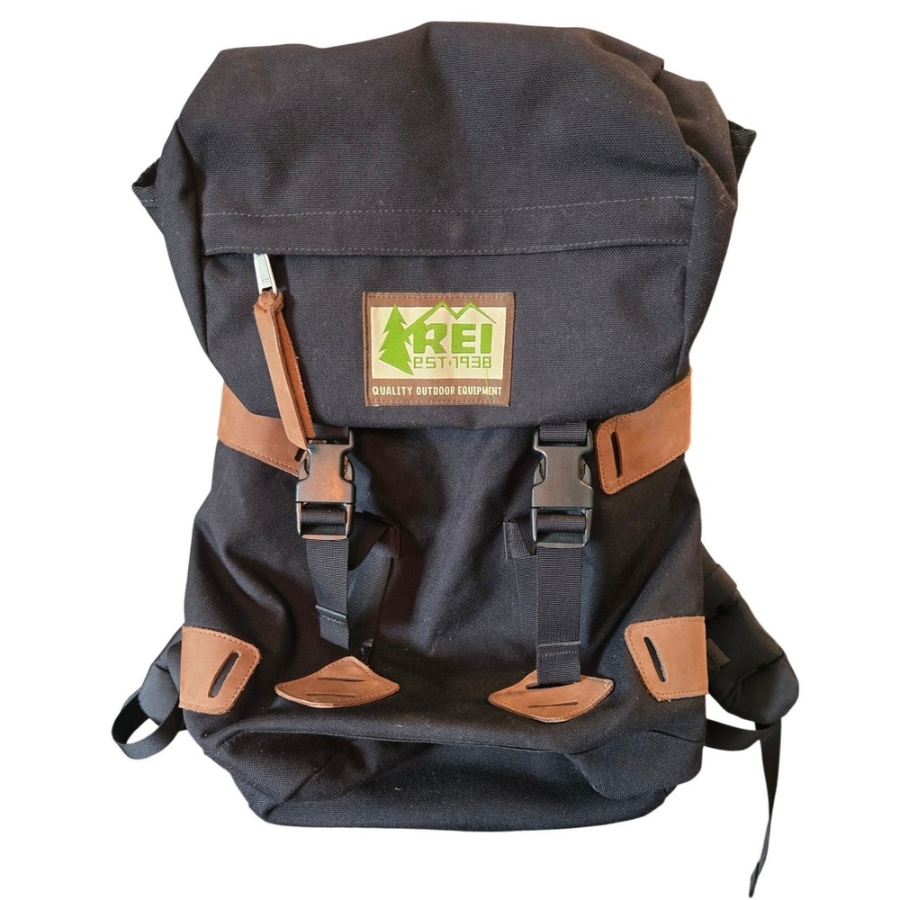 REI Vintage Style Black Canvas Backpack Brown Leather Trim Hiking Travel Bag